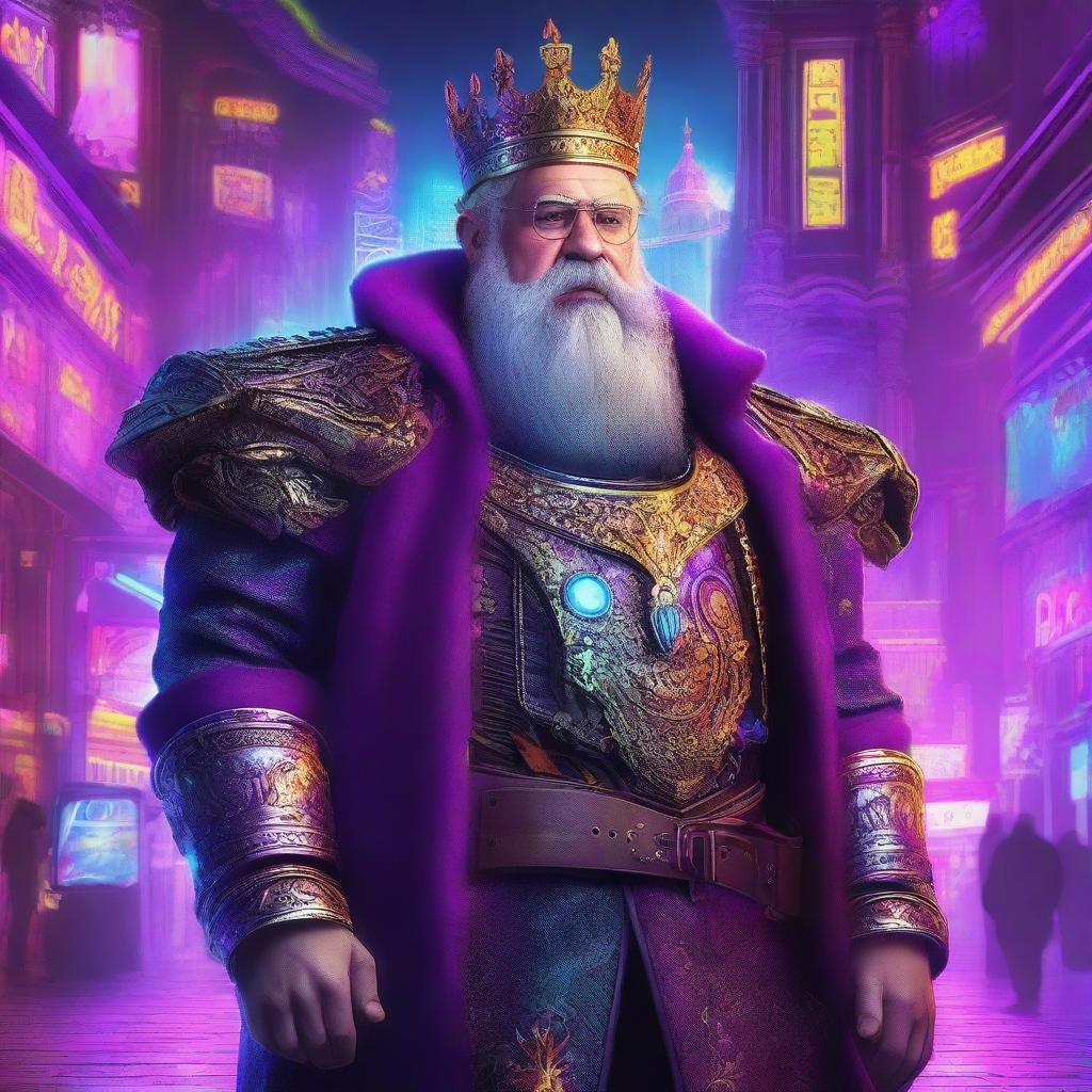 A high-quality digital art piece portrays a middle-aged, bearded European king with a crown, having a large turret gun at his side