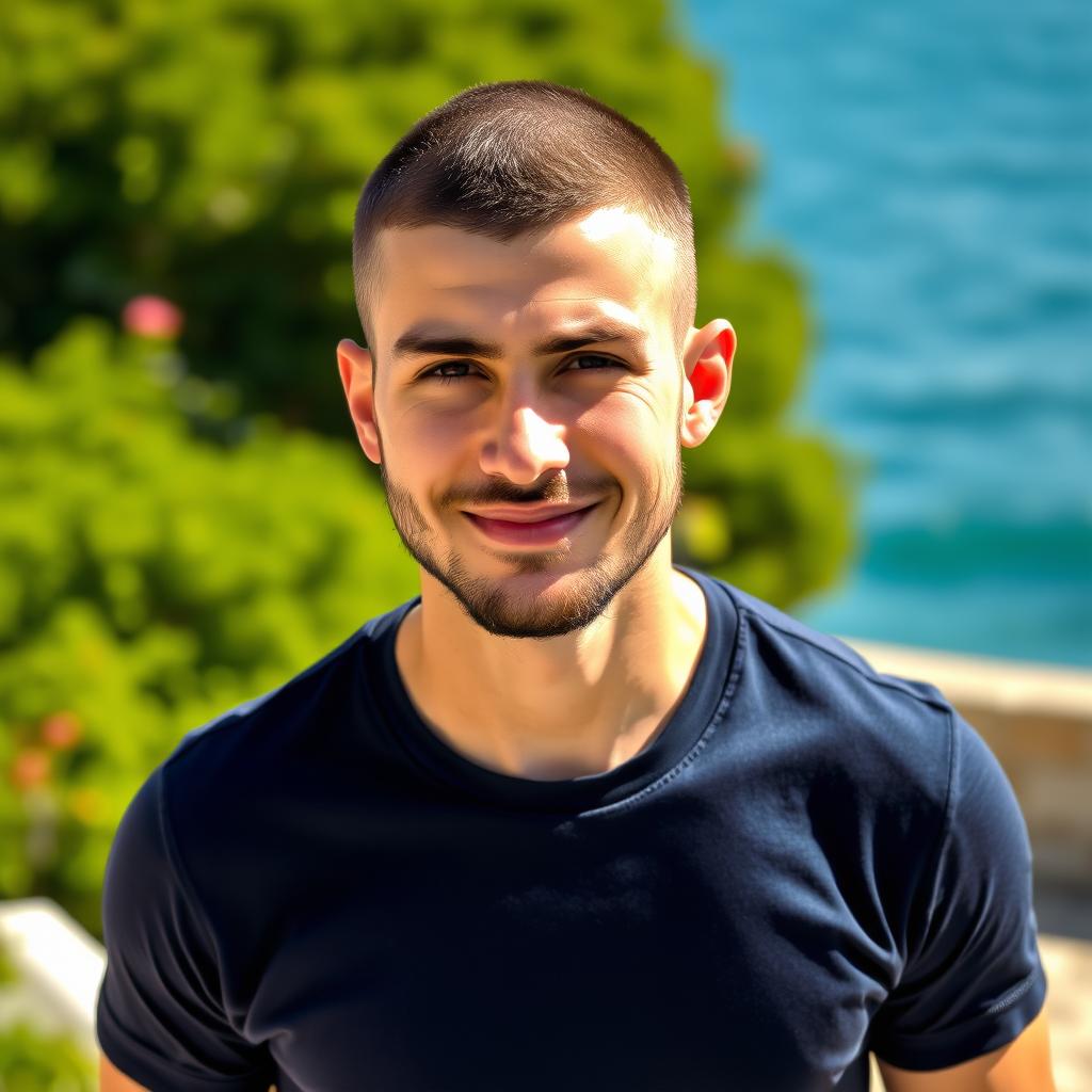A young Mediterranean man in his early 20s, featuring a short beard and a clean buzz cut hairstyle