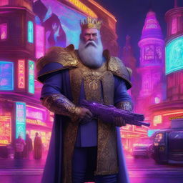 A high-quality digital art piece portrays a middle-aged, bearded European king with a crown, having a large turret gun at his side