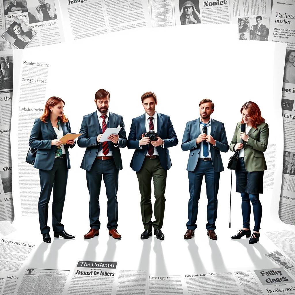 A striking poster with a bright white background framed by an artistic newspaper layout