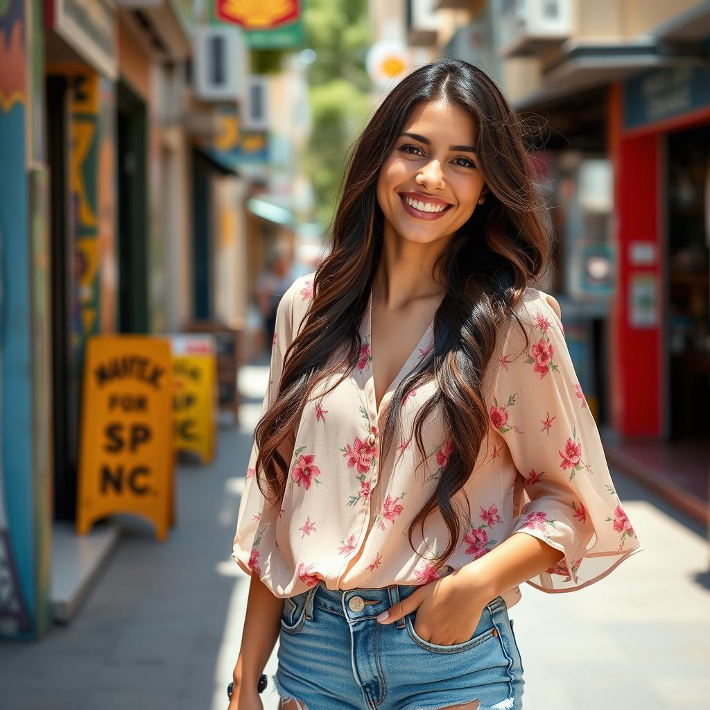 An average Lebanese woman in her early 20s, with long, dark hair styled in loose waves