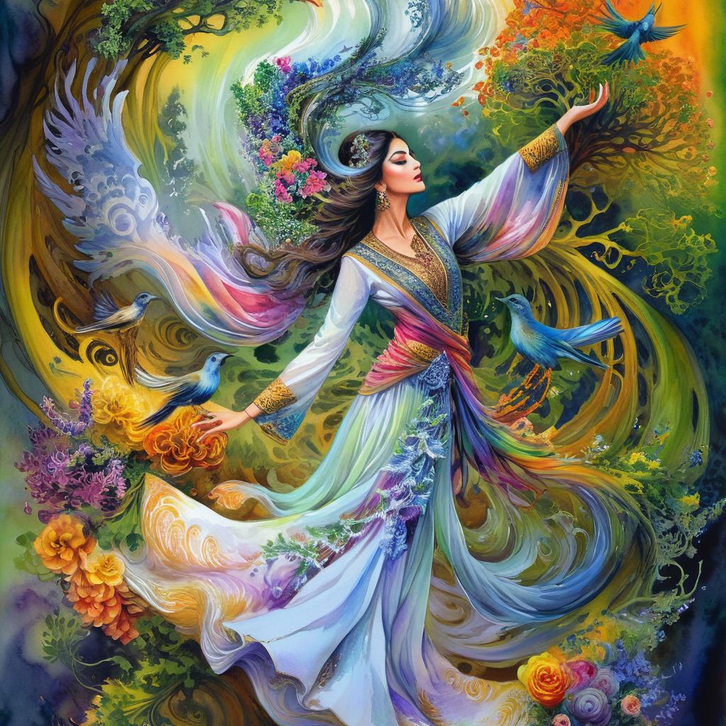 Mystical and spiritual watercolor painting of a beautiful Iranian woman in traditional dress suspended in the air in a swirl of multi-colored flowers, a maze of asymmetrical bonsai trees, a whirlwind of beautiful birds, and a forest of grapevines in a spectrum of green, yellow, and blue
