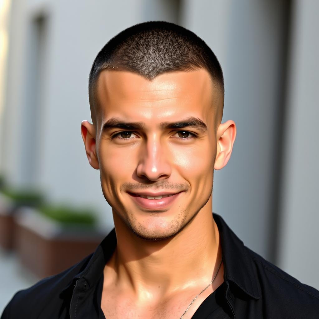 A handsome man with a buzz cut hairstyle, showcasing strong facial features and a confident smile
