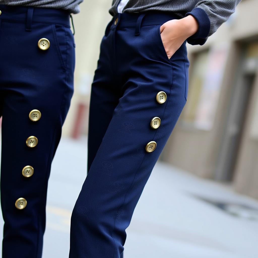 A pair of stylish side buttoned trousers featuring large, unique decorative buttons running from the waist to the ankle on the side