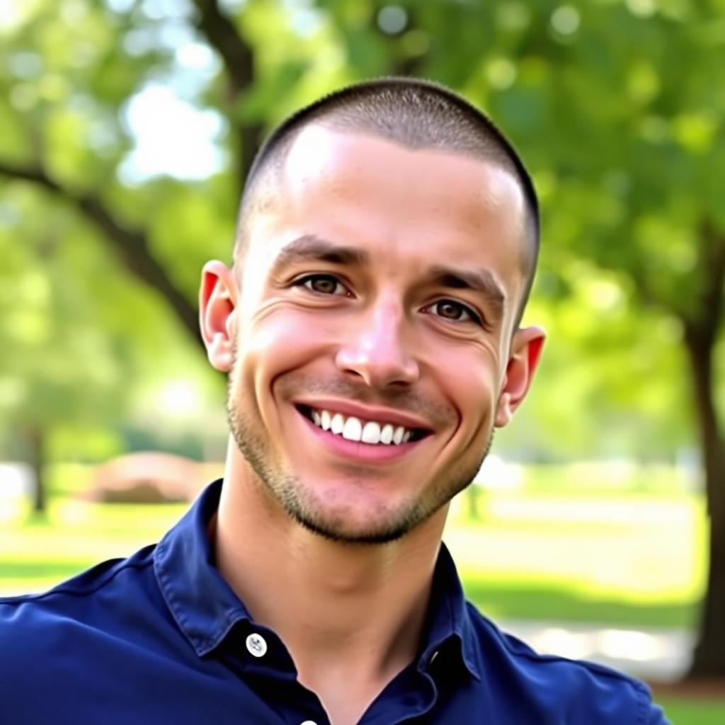 A handsome man with a buzz cut hairstyle, radiating charm with a warm smile and twinkling brown eyes