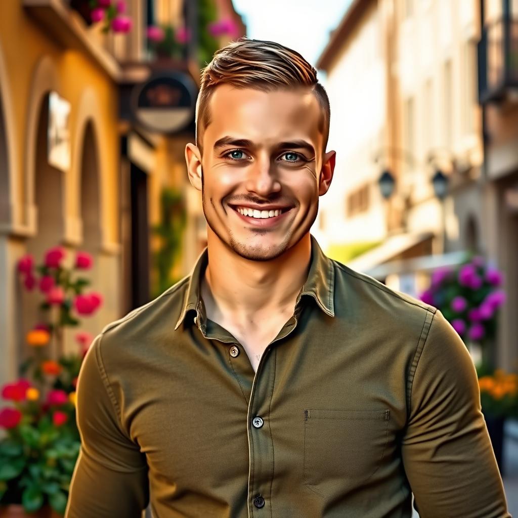 A handsome Italian man with a stylish buzz cut, exuding charisma with a warm and inviting smile
