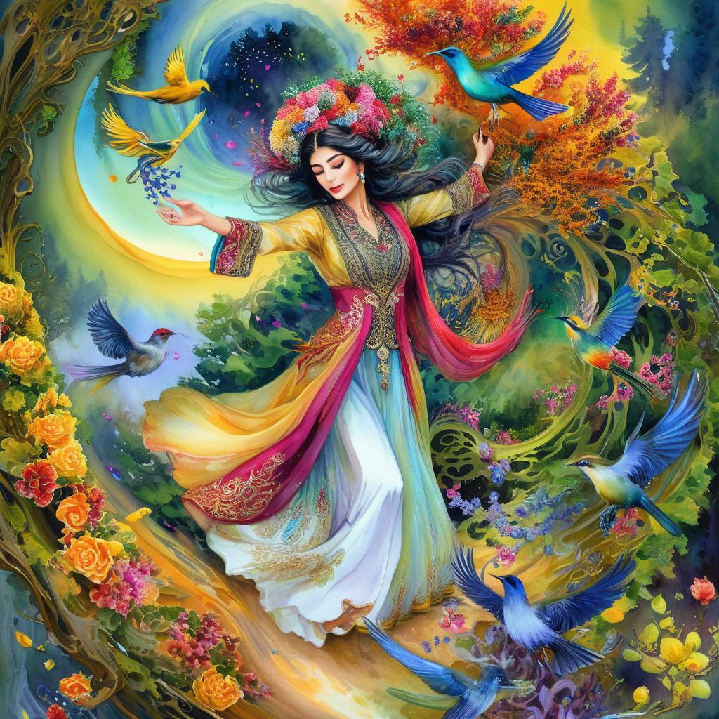 Mystical and spiritual watercolor painting of a beautiful Iranian woman in traditional dress suspended in the air in a swirl of multi-colored flowers, a maze of asymmetrical bonsai trees, a whirlwind of beautiful birds, and a forest of grapevines in a spectrum of green, yellow, and blue