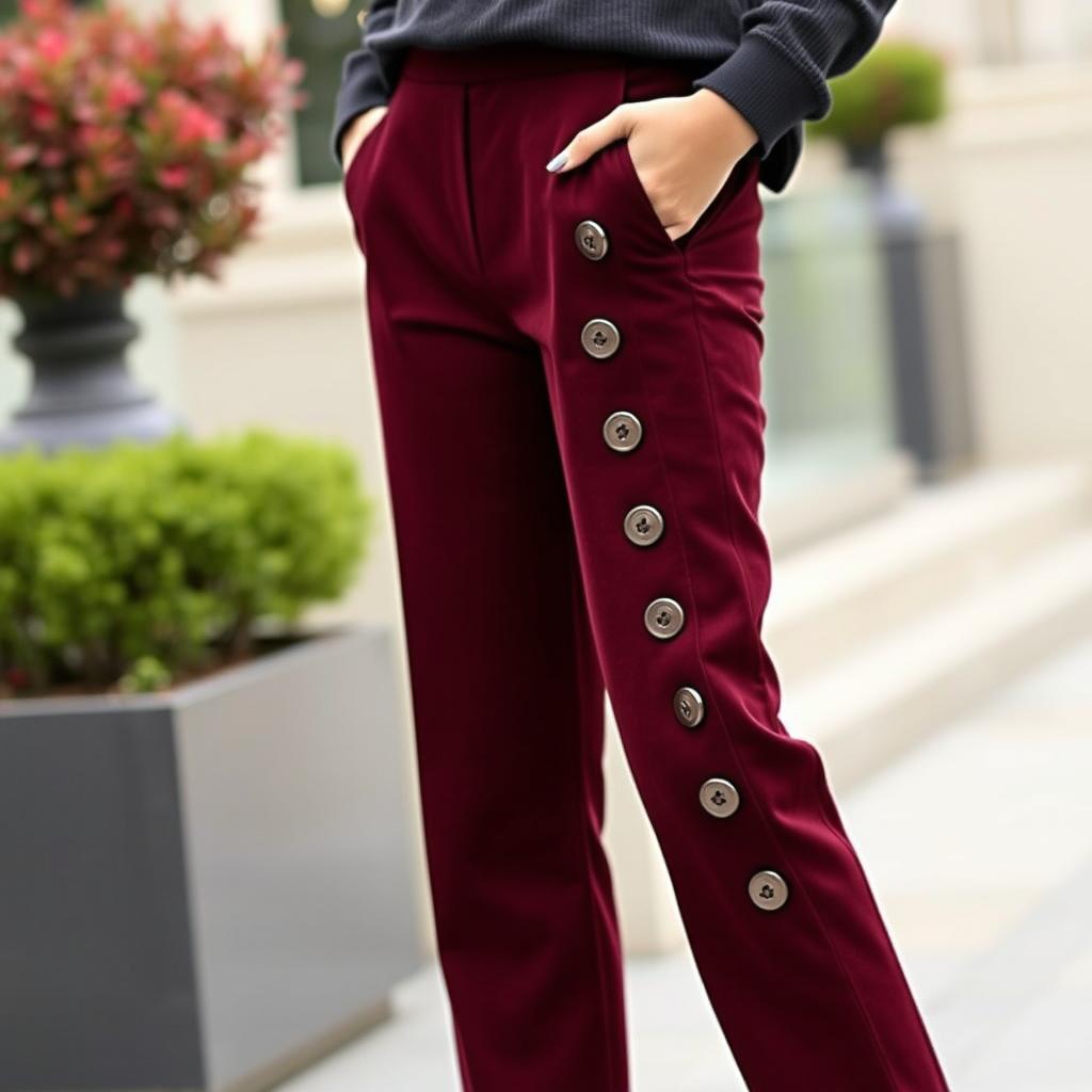 A pair of fashionable side buttoned trousers adorned with large, distinctive decorative buttons that extend from the waist down to the ankle on one side