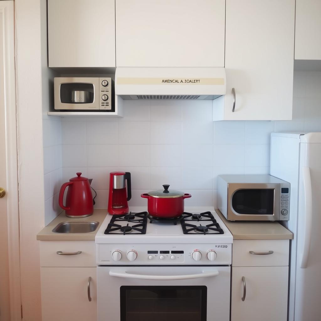 A bright white-walled kitchen featuring a simple four-burner stove with a pot resting on it