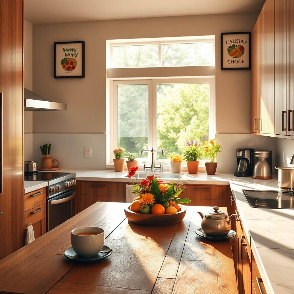 A cozy, modern kitchen with a warm atmosphere, featuring sleek wooden cabinets, a marble countertop, and stainless steel appliances