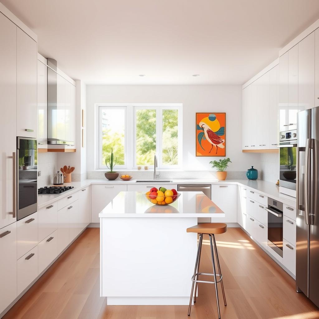 A bright and modern kitchen interior, featuring sleek white cabinets with minimalist design, stainless steel appliances, a spacious island in the center with bar stools, and warm wood accents
