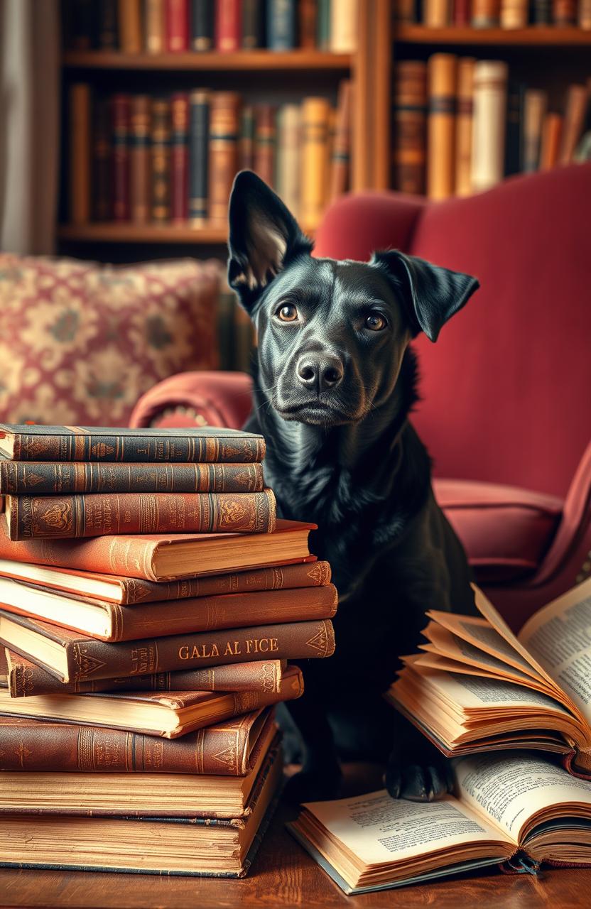 A charming scene featuring a black dog sitting beside a stack of vintage books