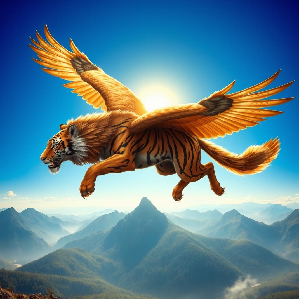 A fantastical creature that embodies features of a lion, tiger, wolf, horse, and eagle, soaring majestically through a vivid blue sky