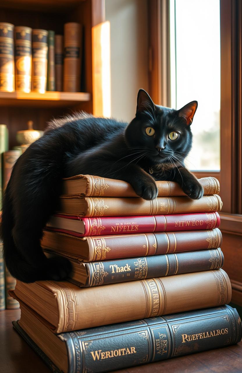 A cozy scene featuring a curious black cat lounging on top of a stack of vintage books