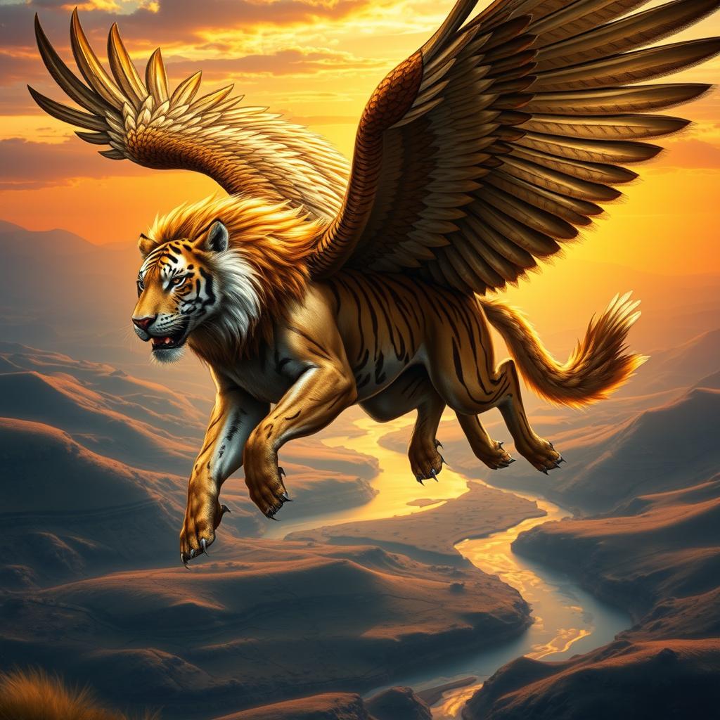 A stunning and realistic depiction of a hybrid creature that combines the majestic features of a lion, tiger, wolf, horse, and eagle