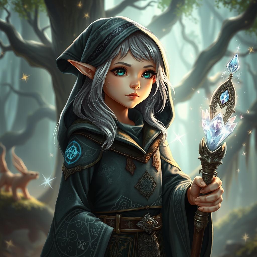 A young silver-haired female elf wizard in a magical Dungeons & Dragons realm