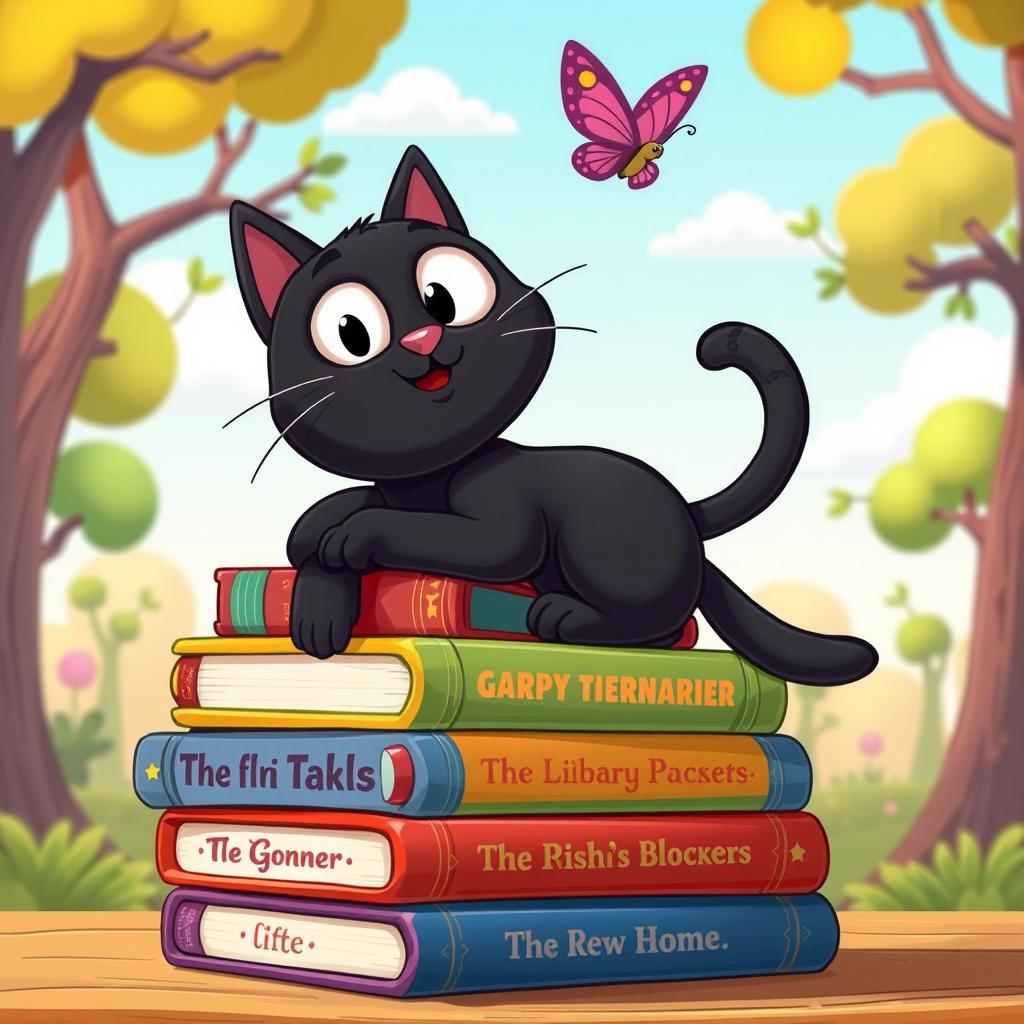A playful cartoon scene featuring a whimsical black cat with oversized eyes and a cheeky expression, perched on a colorful stack of vintage books