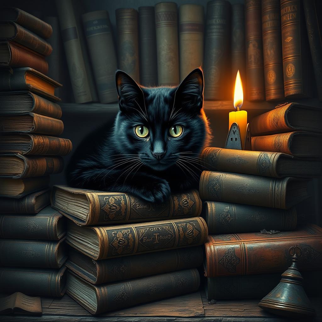 An enchanting scene featuring an old, wise black cat with striking green eyes, nestled among a collection of vintage books that show signs of age and wear