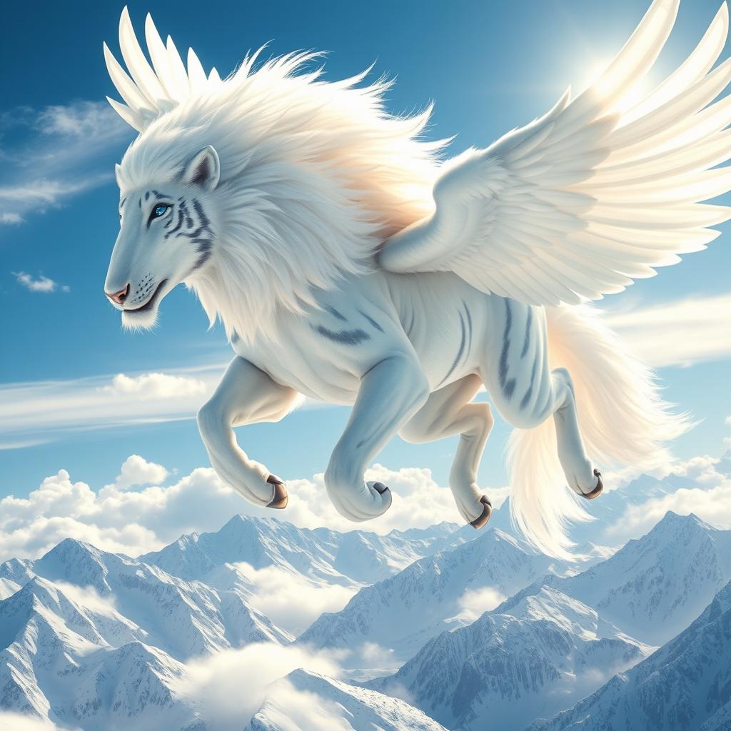 A fantastical creature with a stunning white coat that combines features of a lion, tiger, wolf, horse, and eagle, soaring majestically through a vivid blue sky