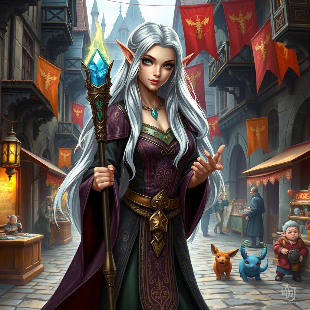 A stunning female elf wizard with long silver hair, dressed in an ornate robe adorned with magical symbols, standing confidently on a bustling city street in a Dungeons & Dragons realm