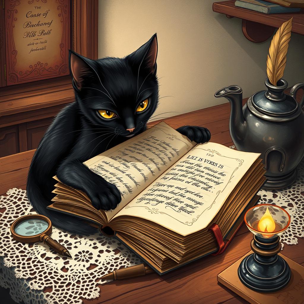 A charming vintage-styled illustration featuring a sleek black cat curiously interacting with an open book