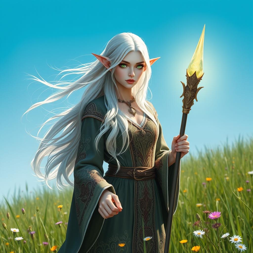 A beautiful silver-haired female elf wizard standing gracefully in a lush grassland, wearing an intricately designed robe adorned with mystical symbols, holding a glowing staff