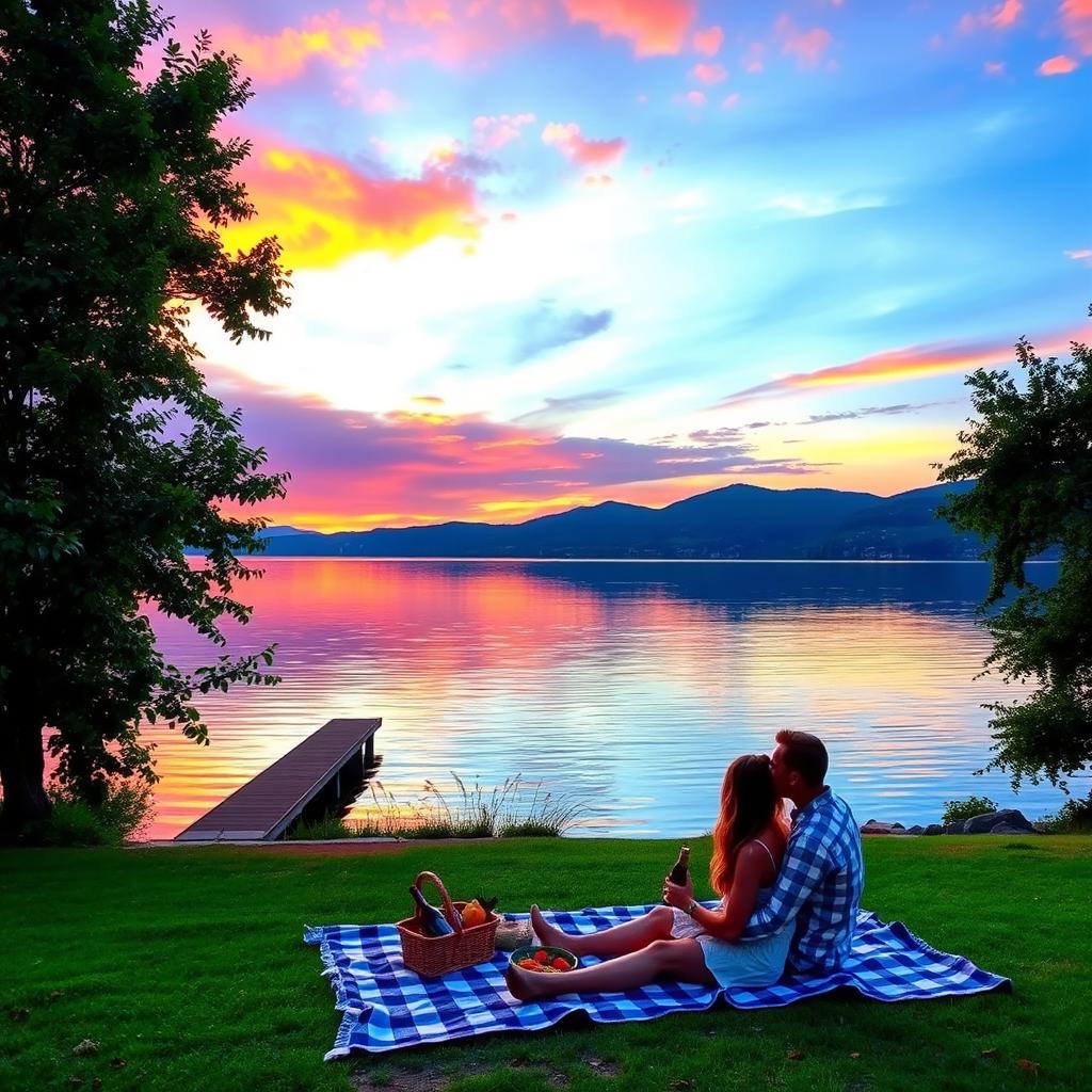 A breathtaking view of a serene lakeside at sunset, with the sky painted in vibrant hues of orange, pink, and purple reflecting on the calm water