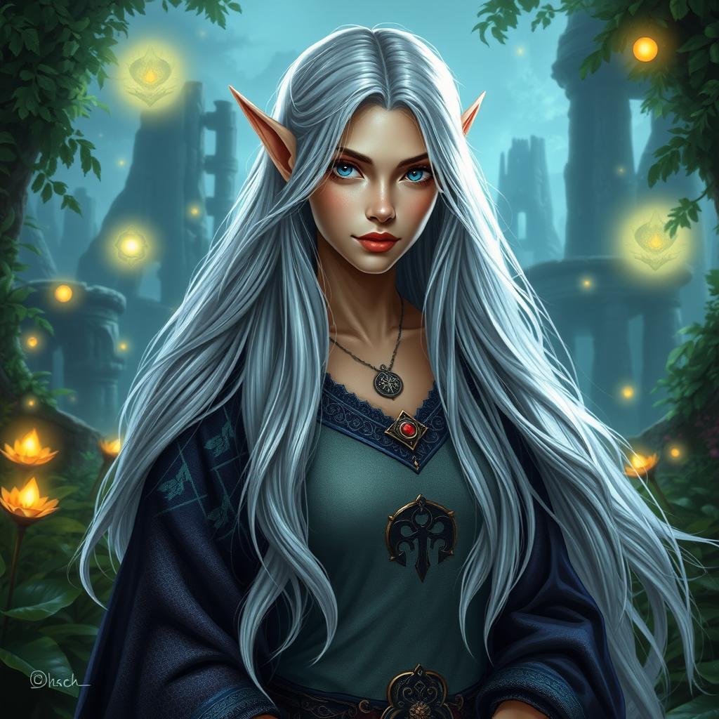 A stunning female elf wizard with long, flowing silver hair, dressed in an enchanting robe adorned with mystical symbols
