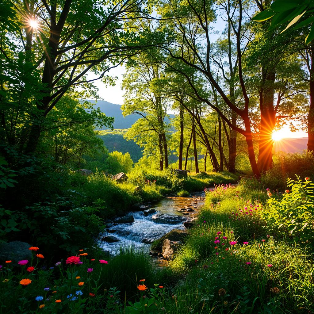 A vibrant and lush forest scene during golden hour with beams of sunlight filtering through the dense canopy