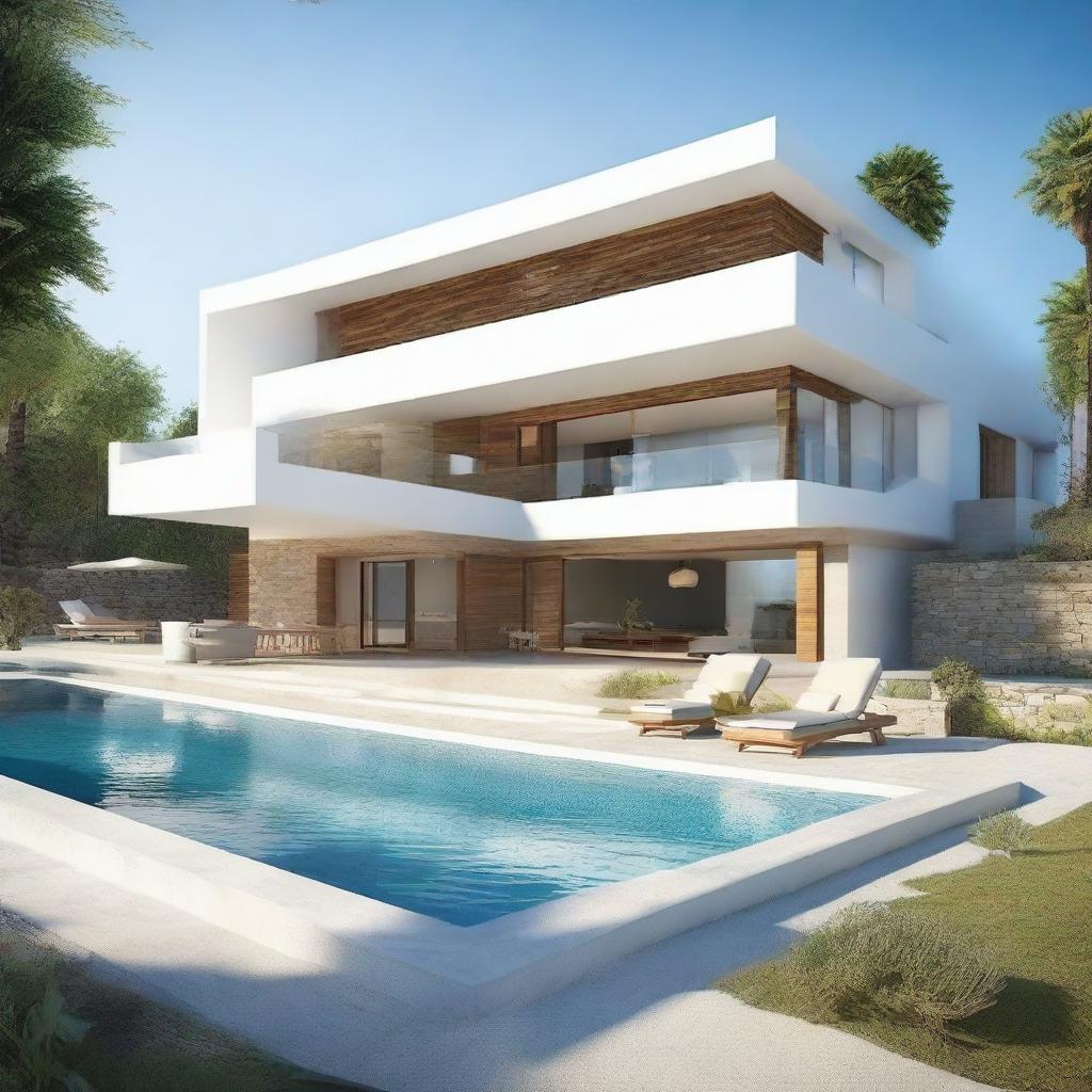 A one-story, terraced villa facing the sea, without a roof. Located on a 100m2 plot, the first floor encompasses 60m2. The second story offers an infinity pool. Each level houses a living room, a bedroom, and a bathroom, with the second level featuring a balcony too.