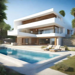 A one-story, terraced villa facing the sea, without a roof. Located on a 100m2 plot, the first floor encompasses 60m2. The second story offers an infinity pool. Each level houses a living room, a bedroom, and a bathroom, with the second level featuring a balcony too.