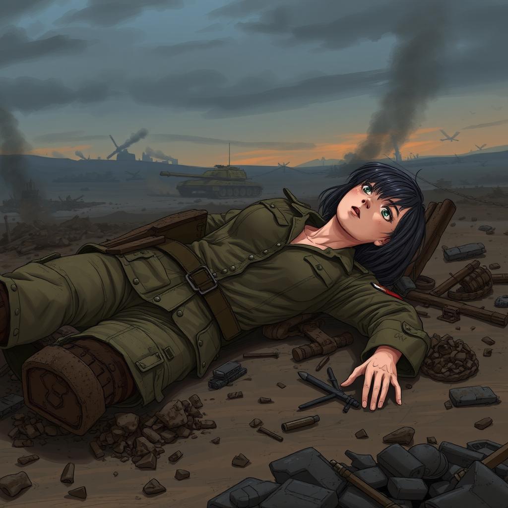 A poignant illustration of a fallen female soldier on a chaotic battlefield