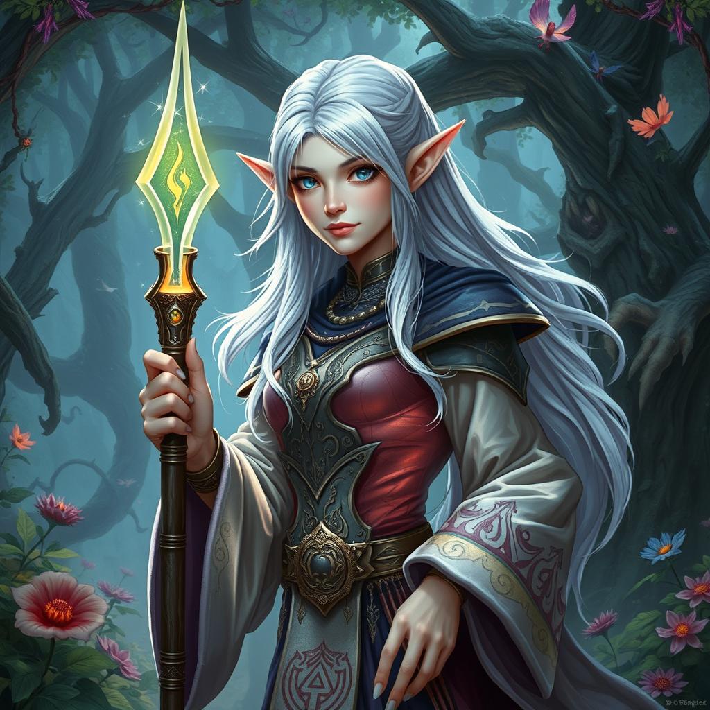 A heroic beautiful female elf wizard with silver hair and light skin, set in a fantastical D&D realm