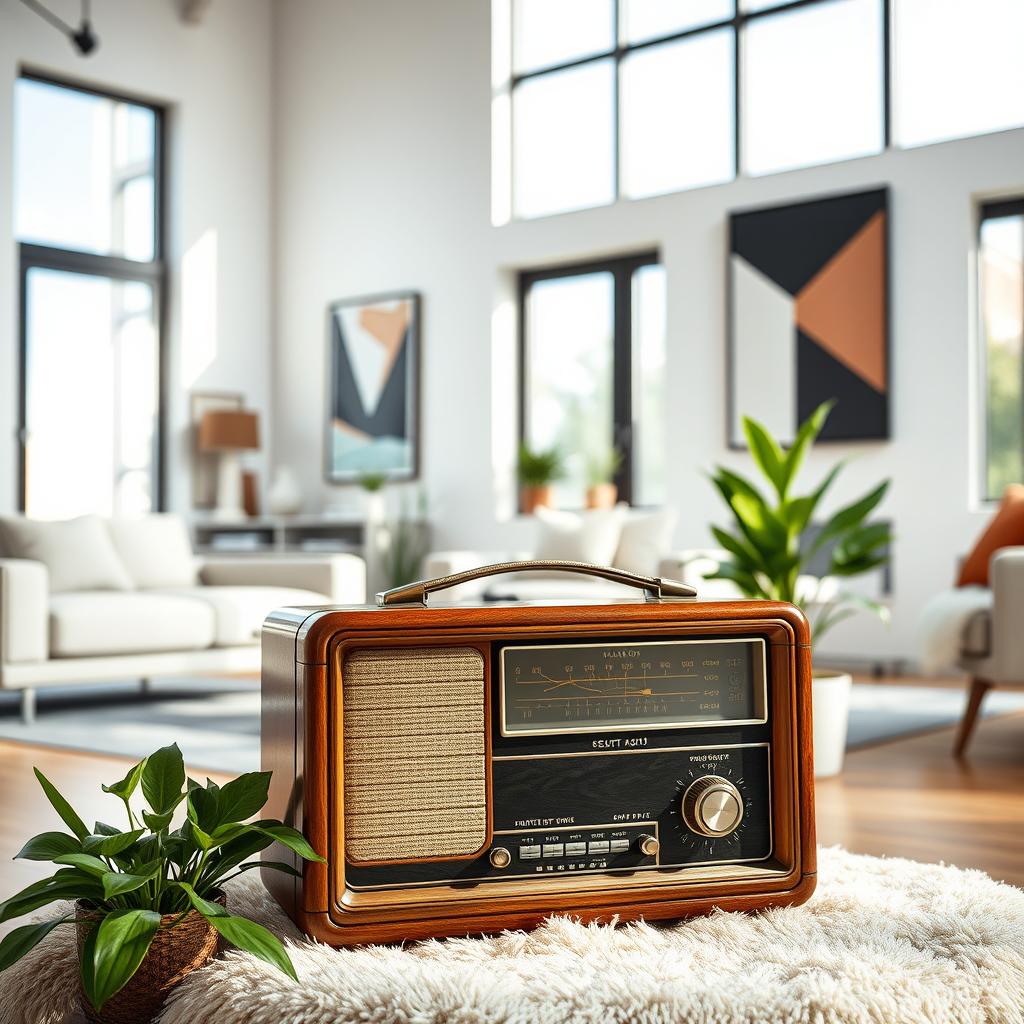 An old vintage radio placed in a modern, stylish living room