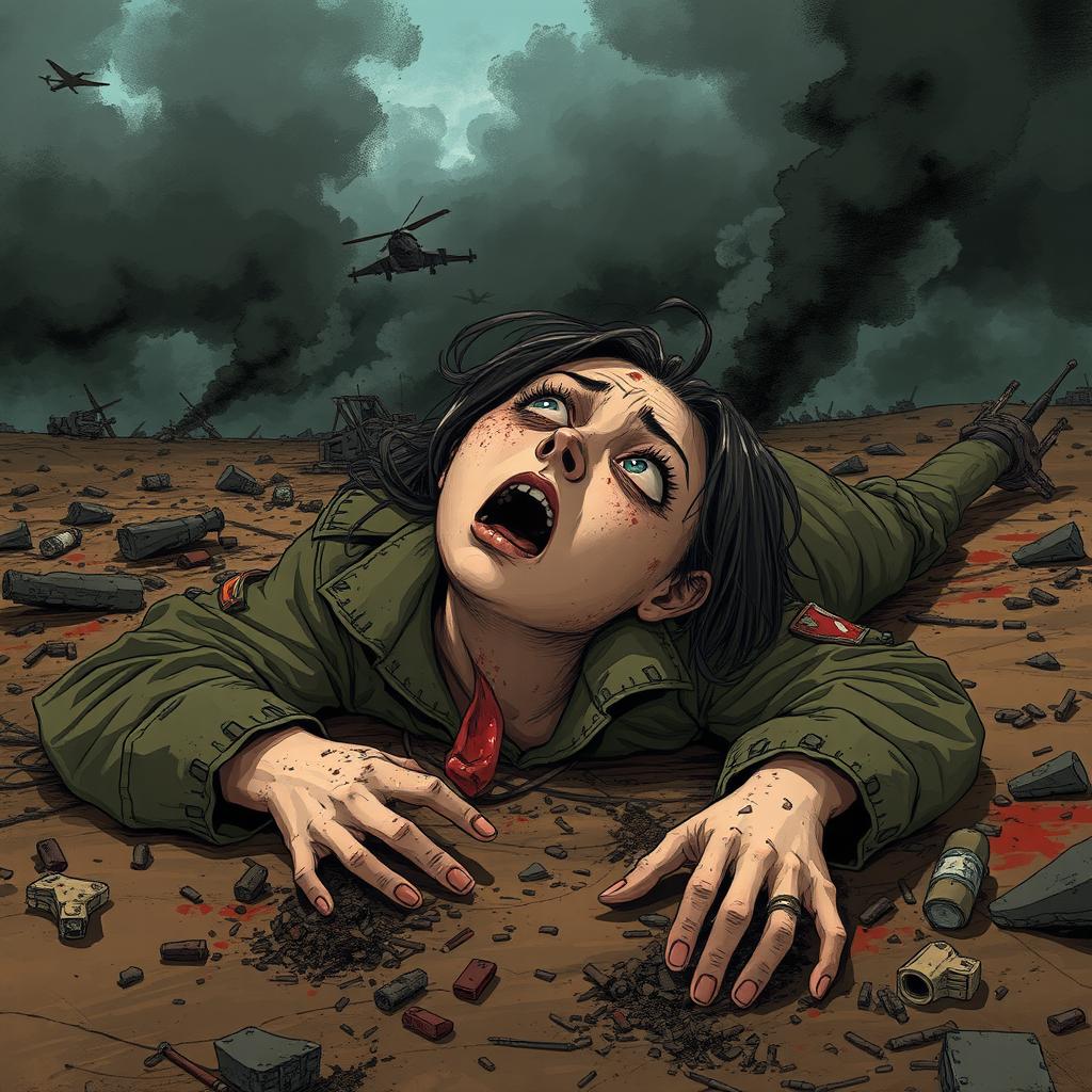 A haunting illustration of a fallen female soldier on a chaotic battlefield