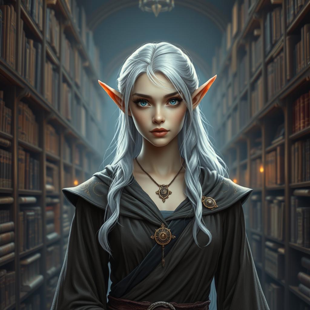A heroic and beautiful female elf wizard with silver hair and light skin, set in a Dungeons & Dragons realm