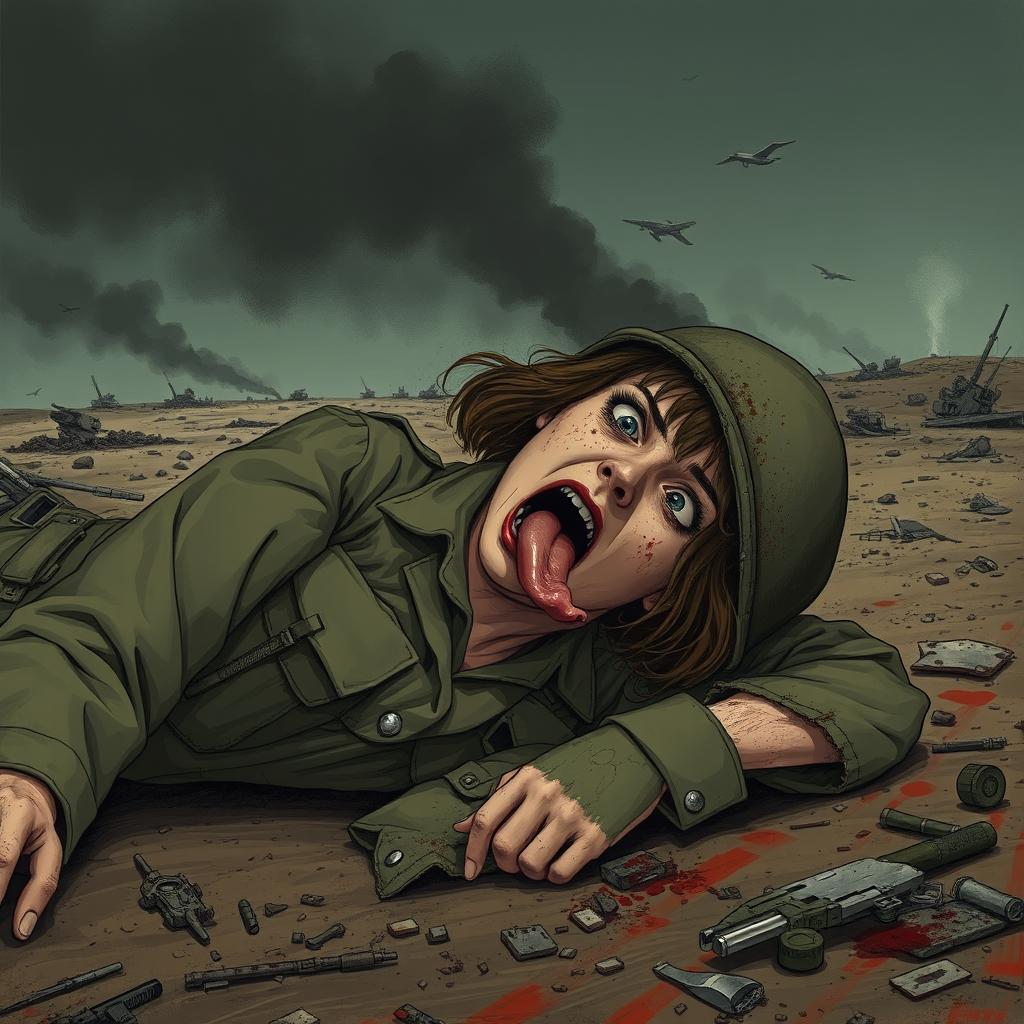 A haunting illustration of a dead fallen female soldier on a battlefield