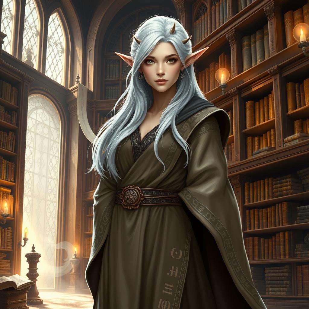 A heroic beautiful silver-haired, light-skinned female elf wizard standing confidently in a bright library filled with ancient books and magical artifacts