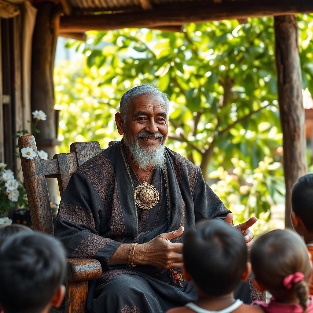 A middle-aged village elder, showcasing wisdom and leadership, sitting in a rustic wooden chair outside a cozy village home