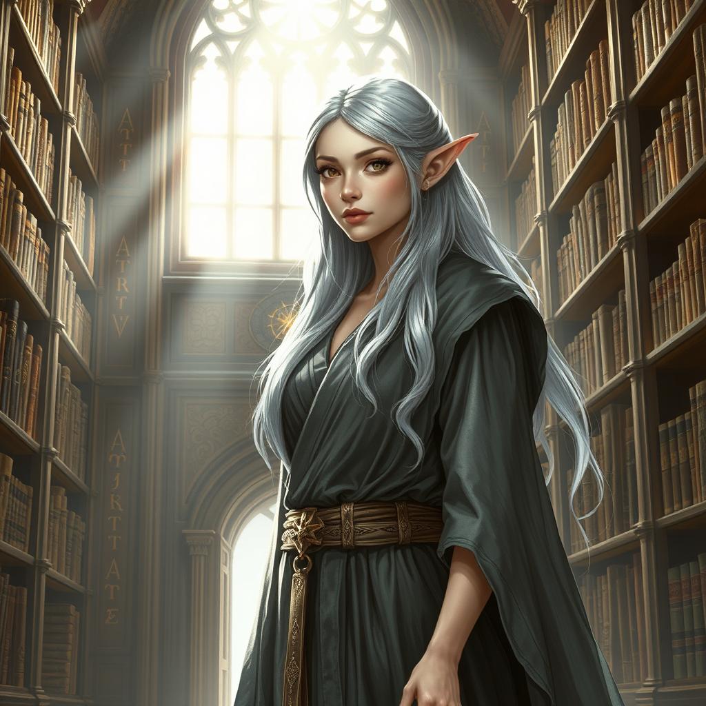 A beautiful silver-haired female elf wizard with light skin, wearing a flowing grey robe without any headgear