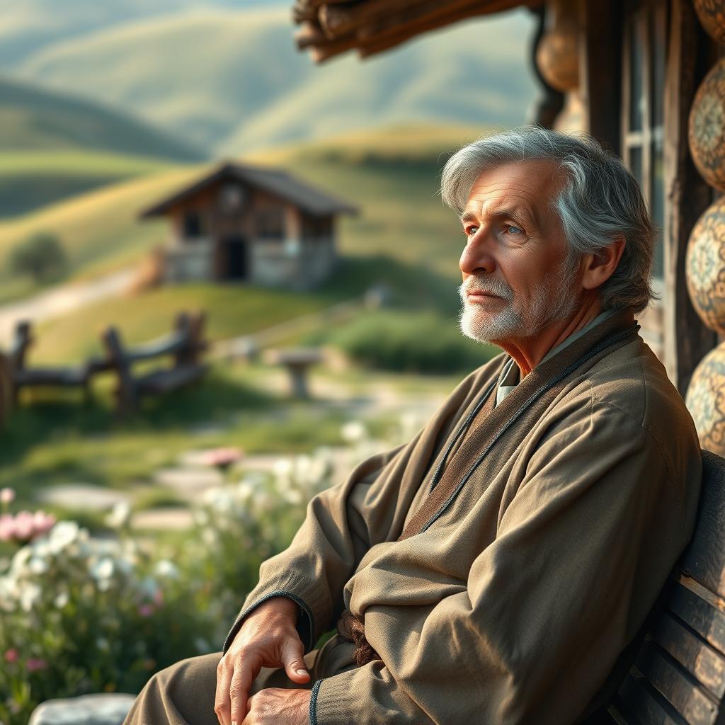 A lonely middle-aged village elder with gray hair, sitting alone on a wooden bench outside a quaint rustic cottage