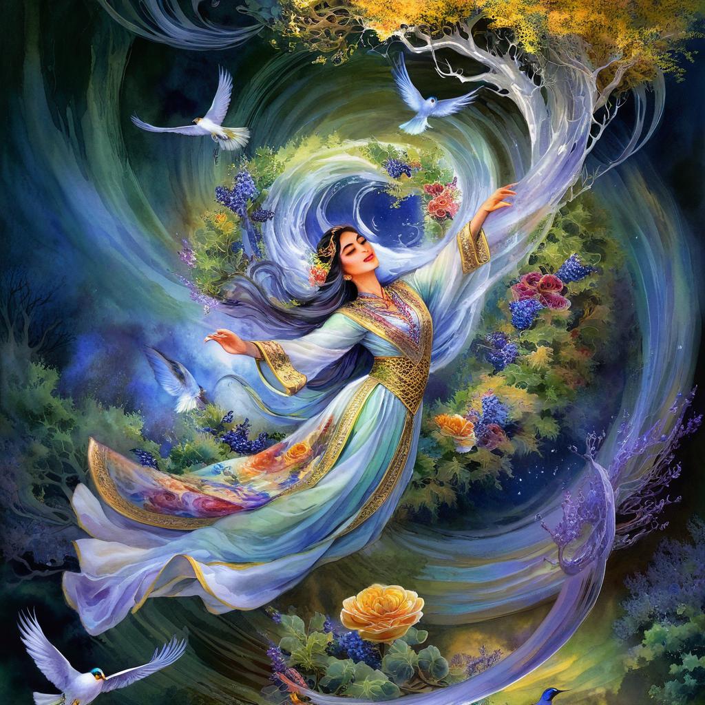 Mystical and spiritual watercolor painting of a beautiful Iranian woman in traditional dress suspended in the air in a swirl of multi-colored flowers, a maze of asymmetrical bonsai trees, a whirlwind of beautiful birds, and a forest of grapevines in a spectrum of green, yellow, and blue
