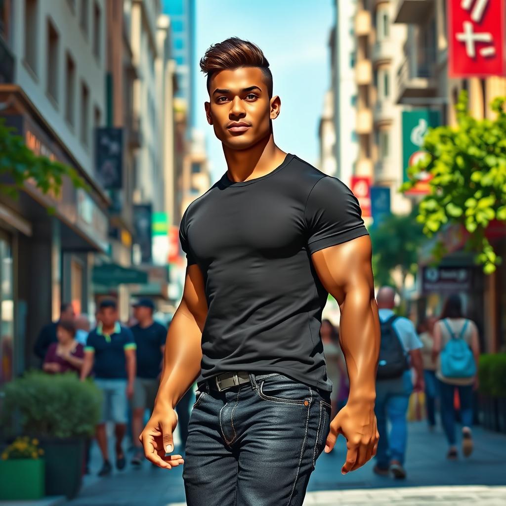A realistic interpretation of the emoji 🚶🏾‍♂️: a muscular man walking confidently down a bustling city street