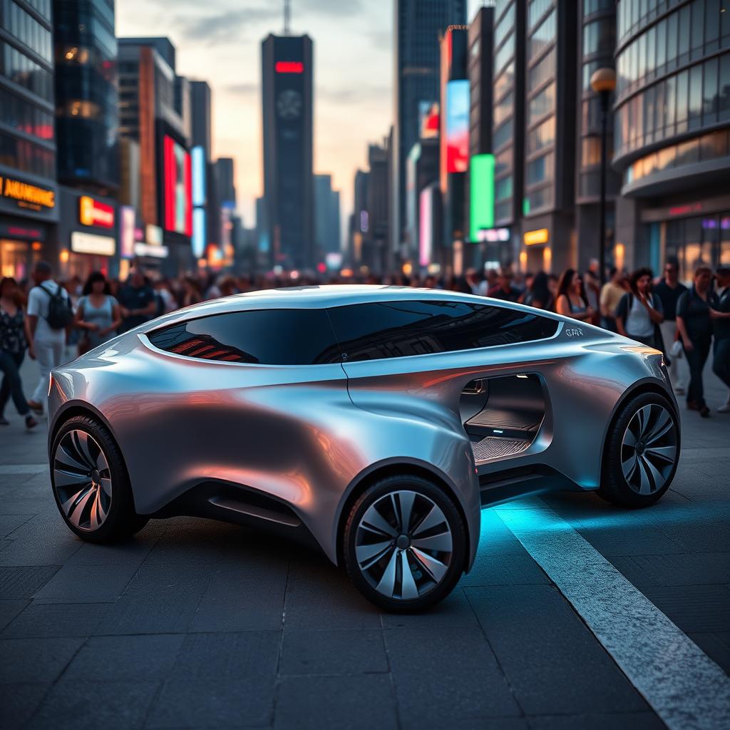 A sleek, futuristic four-door car with an aerodynamic design, featuring smooth lines and a metallic finish