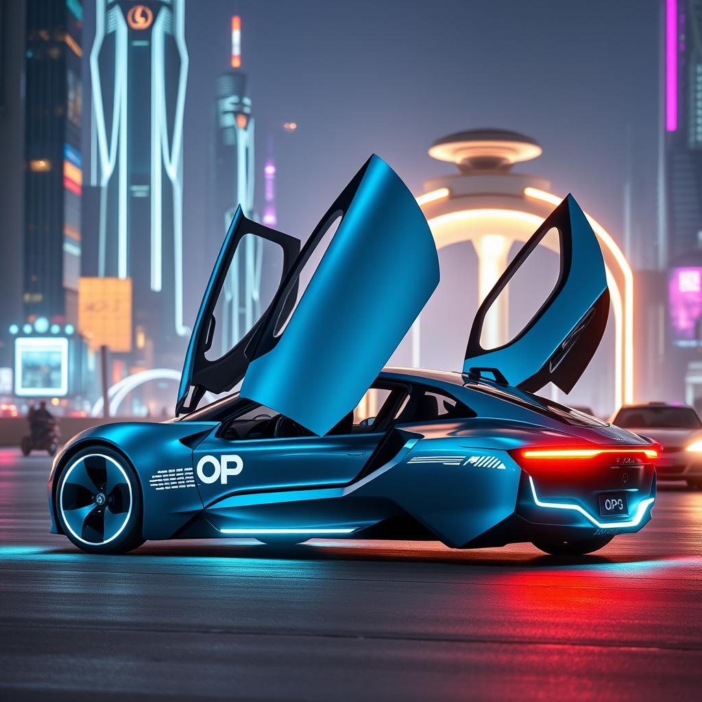 A futuristic car with a sleek and aerodynamic design, featuring four doors that open upwards in a stylish manner