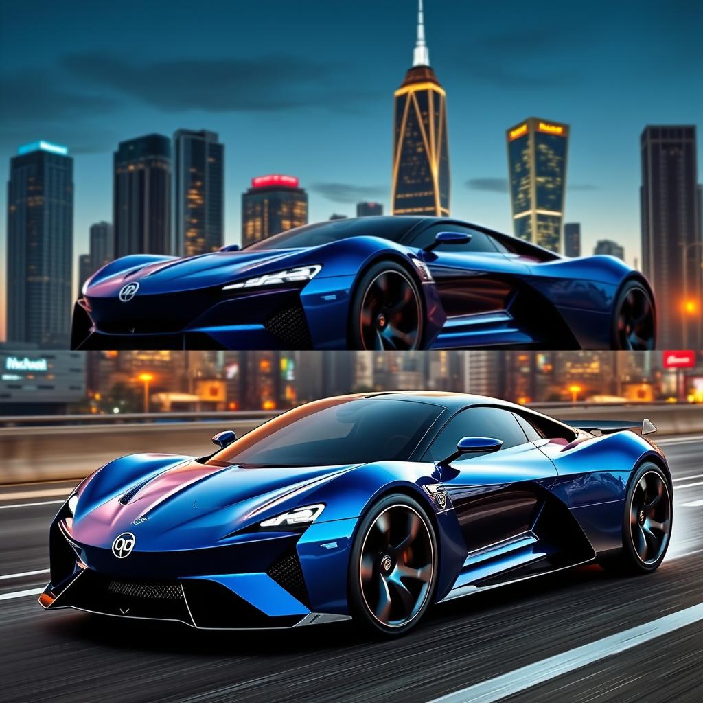 A sleek and futuristic supercar with four doors, prominently featuring an innovative design