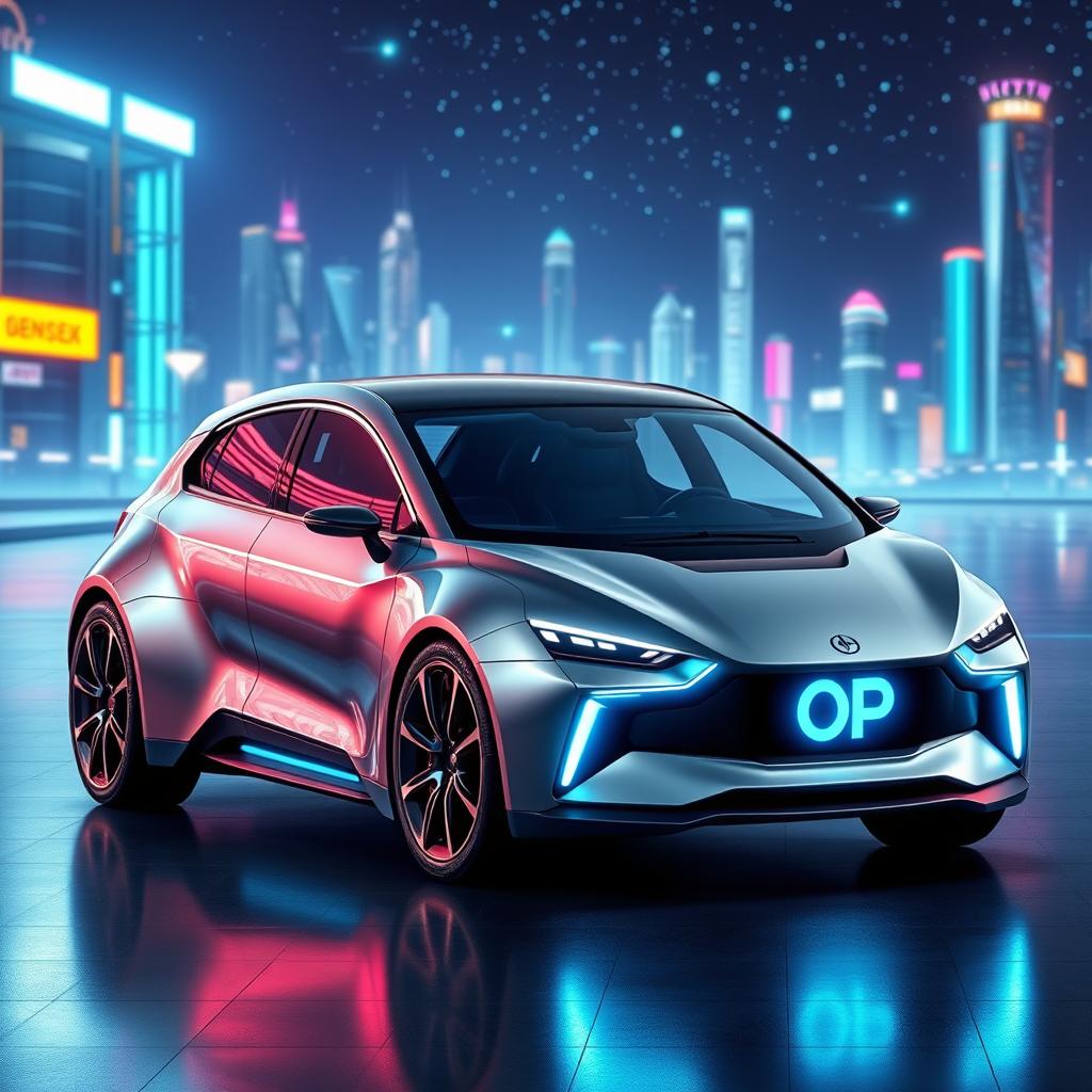 A sci-fi inspired car with four doors, featuring a sleek, aerodynamic design that combines sharp angles and smooth curves