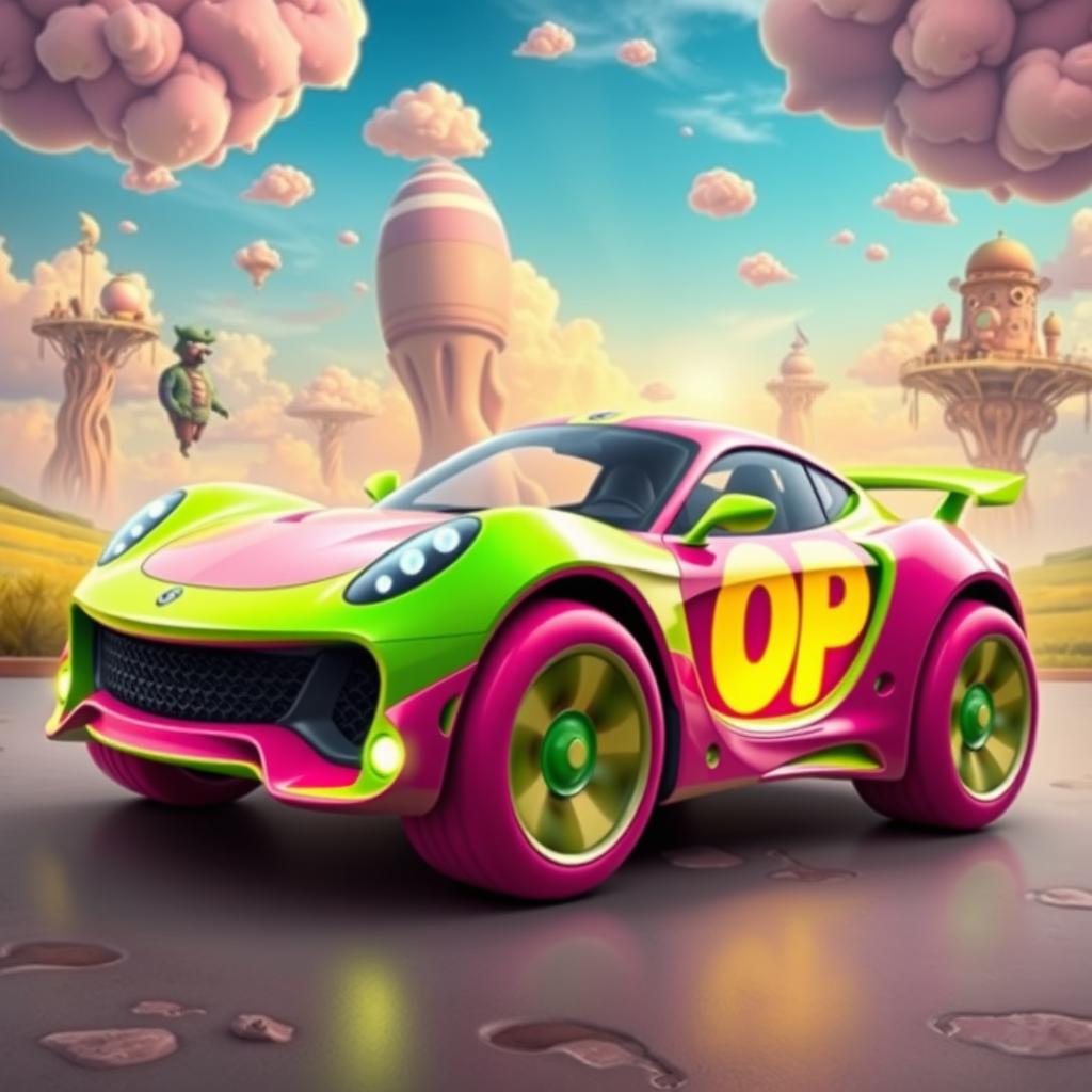 A fantastical sports car with a vibrant and imaginative design, featuring exaggerated curves and whimsical details
