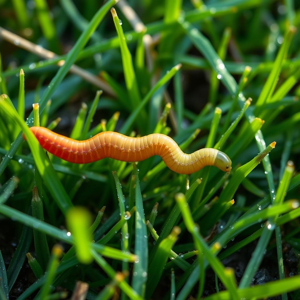 Three colorful worms crawling one after another on lush, damp green grass