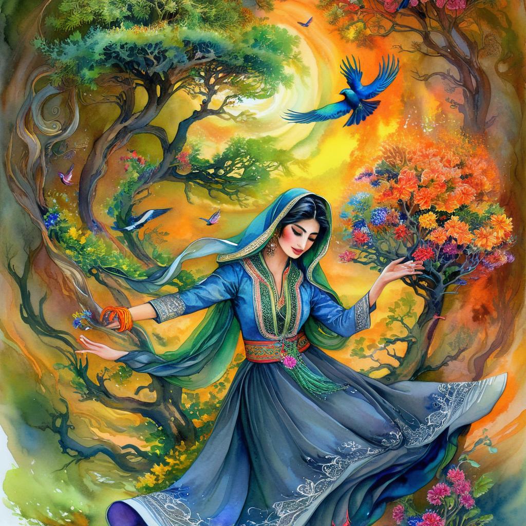 Mystical and spiritual watercolor painting of a beautiful Iranian woman in traditional dress suspended in the air in a swirl of multi-colored flowers, a maze of asymmetrical bonsai trees, a whirlwind of beautiful birds, and a forest of grapevines in a spectrum of green, yellow, and blue